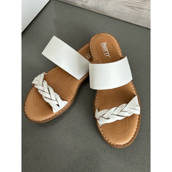 BORN MORENA WHITE LEATHER SLIDES SANDALS SZ 7M BRAIDED SLIP ON CASUAL RETAIL $99 - Picture 2 of 12